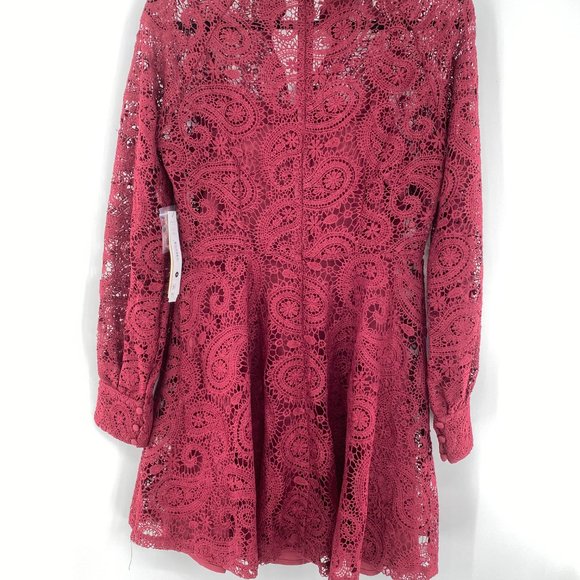 Aqua NWT Lace Button Front Long Sleeve Mock Neck Mini Dress Burgundy Medium New - Picture 4 of 12